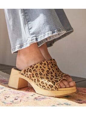 Swedish Hasbeens Open Toe Clog Leopard Print Calf Hair Size 39 / US 9